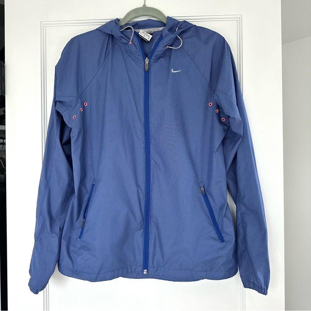 Nike Tiny Check‎ Blue Full Zip Windbreaker Running Hooded Women's Size Medium